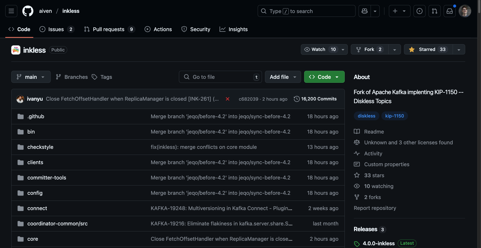 a screenshot of the aiven inkless repo