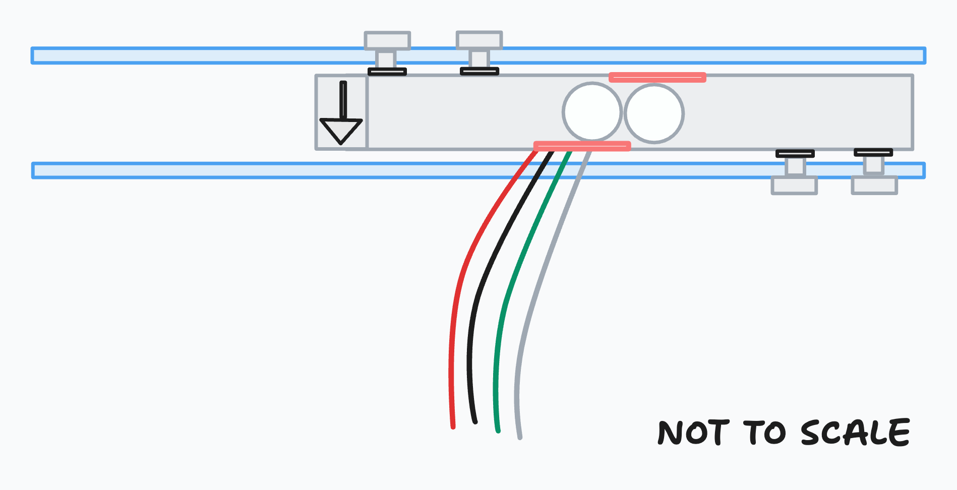 Diagram showing how the scale should be assembled with the load cell sandwiched between both rigid plates, the end with the arrow in the center pointed down, and washers between the load cell and rigid sheets