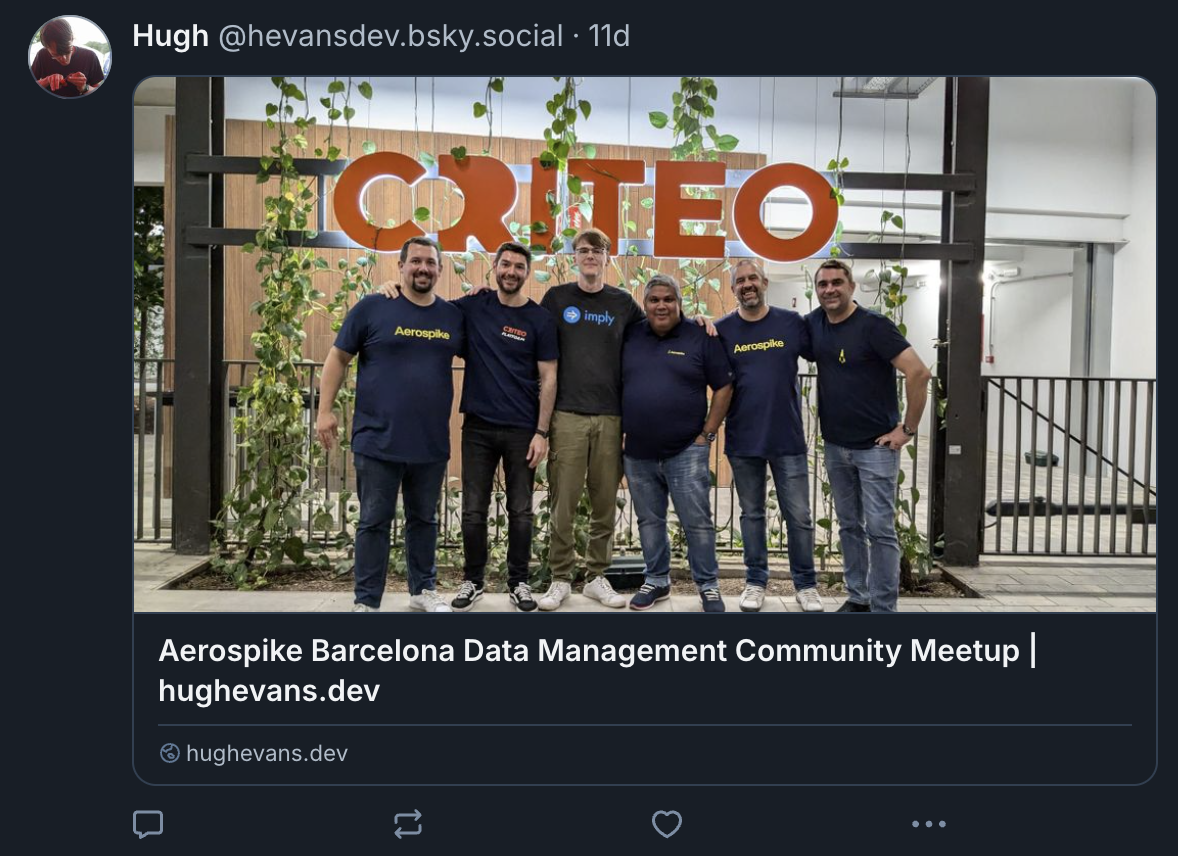 A post on Bluesky with a link to a blog about me speaking at the Barcelona Aerospike Meetup