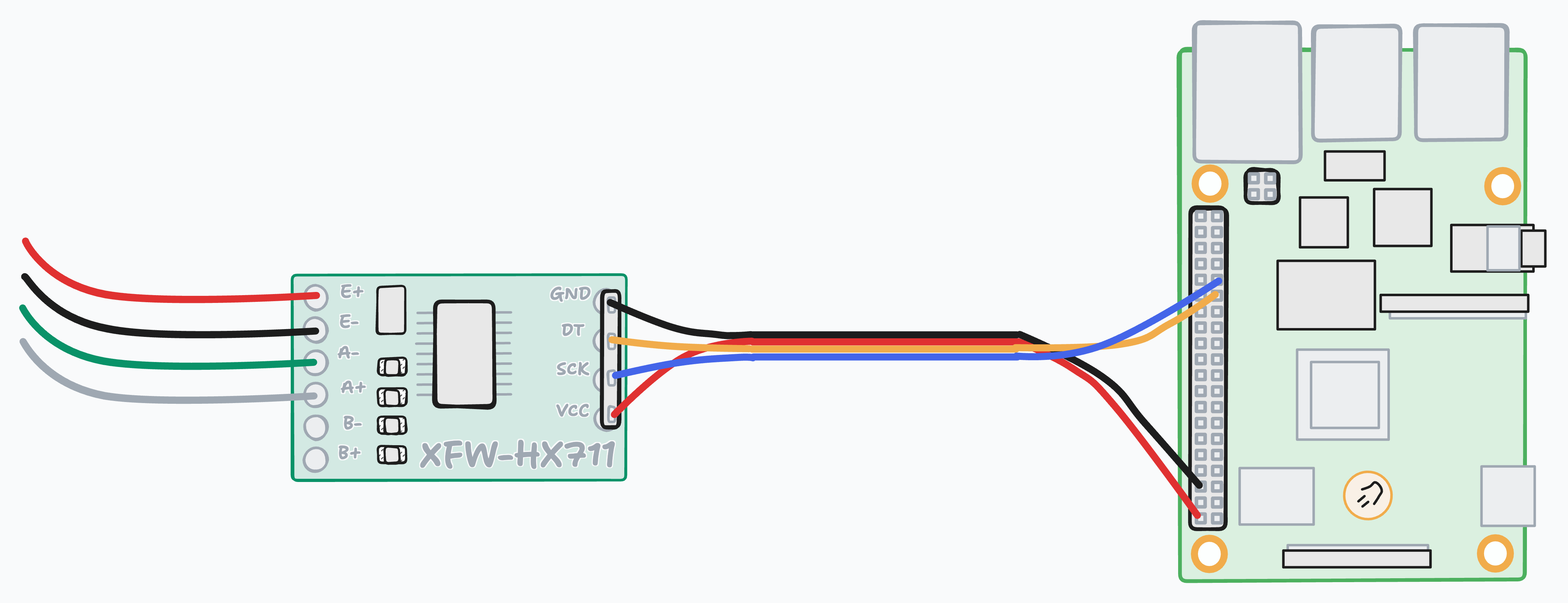 A diagram showing how to correctly connect hx711 to the raspberry pi with dupont connectors