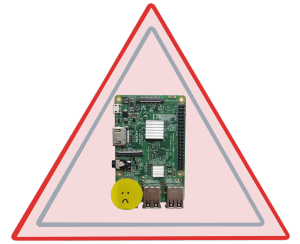 A warning triangle with a broken raspberry pi in it