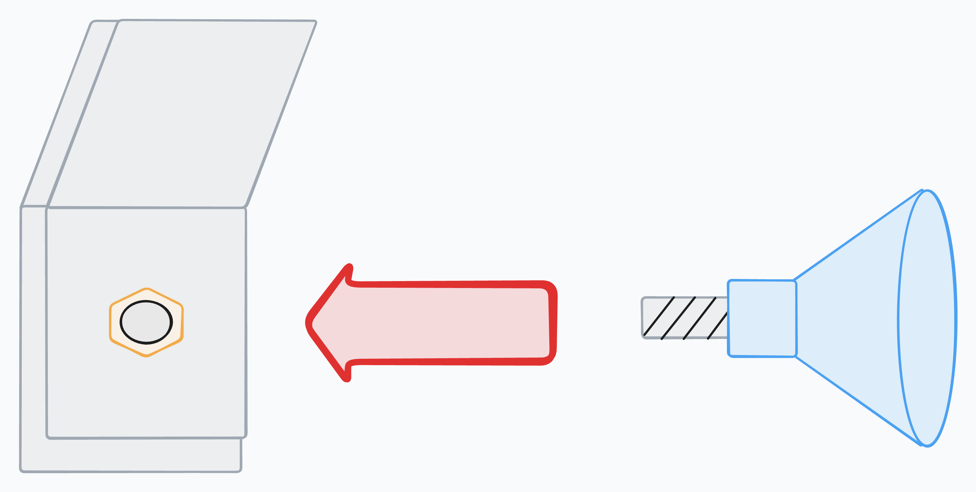 Diagram showing a suction sub with a thread bolt being inserted into a threaded brass insert in the base of a webcam