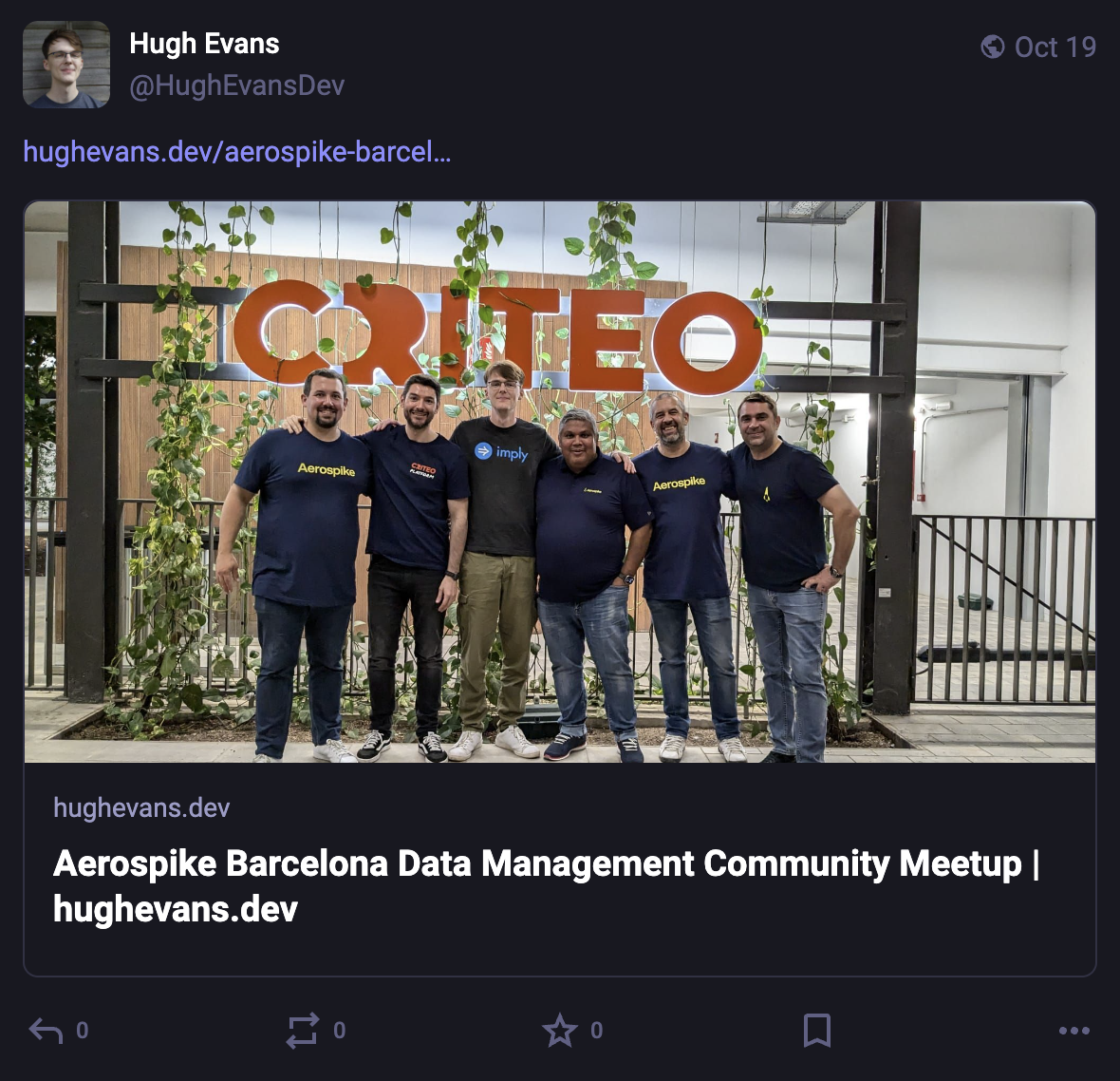 A post on mastodon with a link to a blog about me speaking at the Barcelona Aerospike Meetup