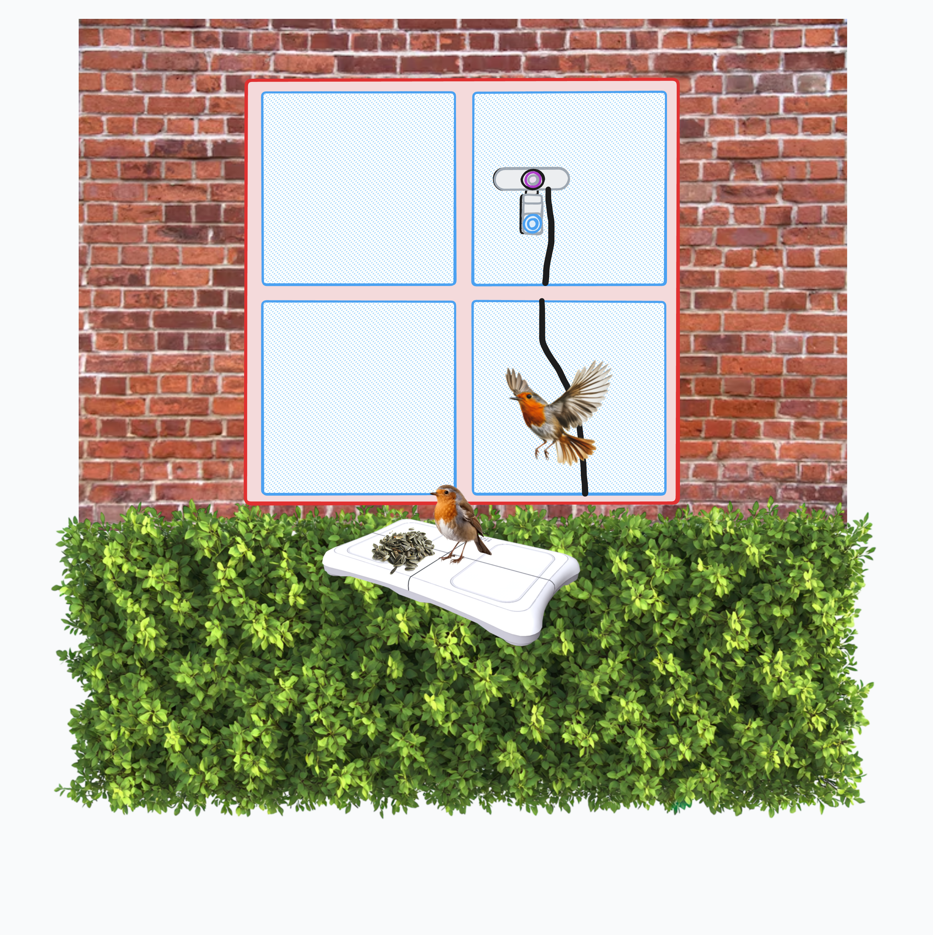 A diagram showing a view of a window from the outside with a webcam stuck facing a bird feeder